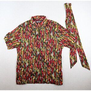 VINTAGE WOMEN'S BLACK RED GREEN PRINT SHORT SLEEVE BUTTON-UP TOP BELT JACLYN 10P